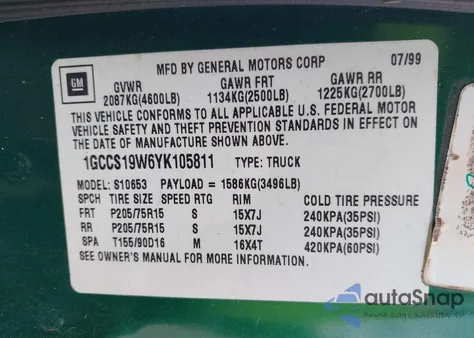 2000 Chevrolet S-10 Ls from USA, damaged, VIN 1GCCS19W6YK105811